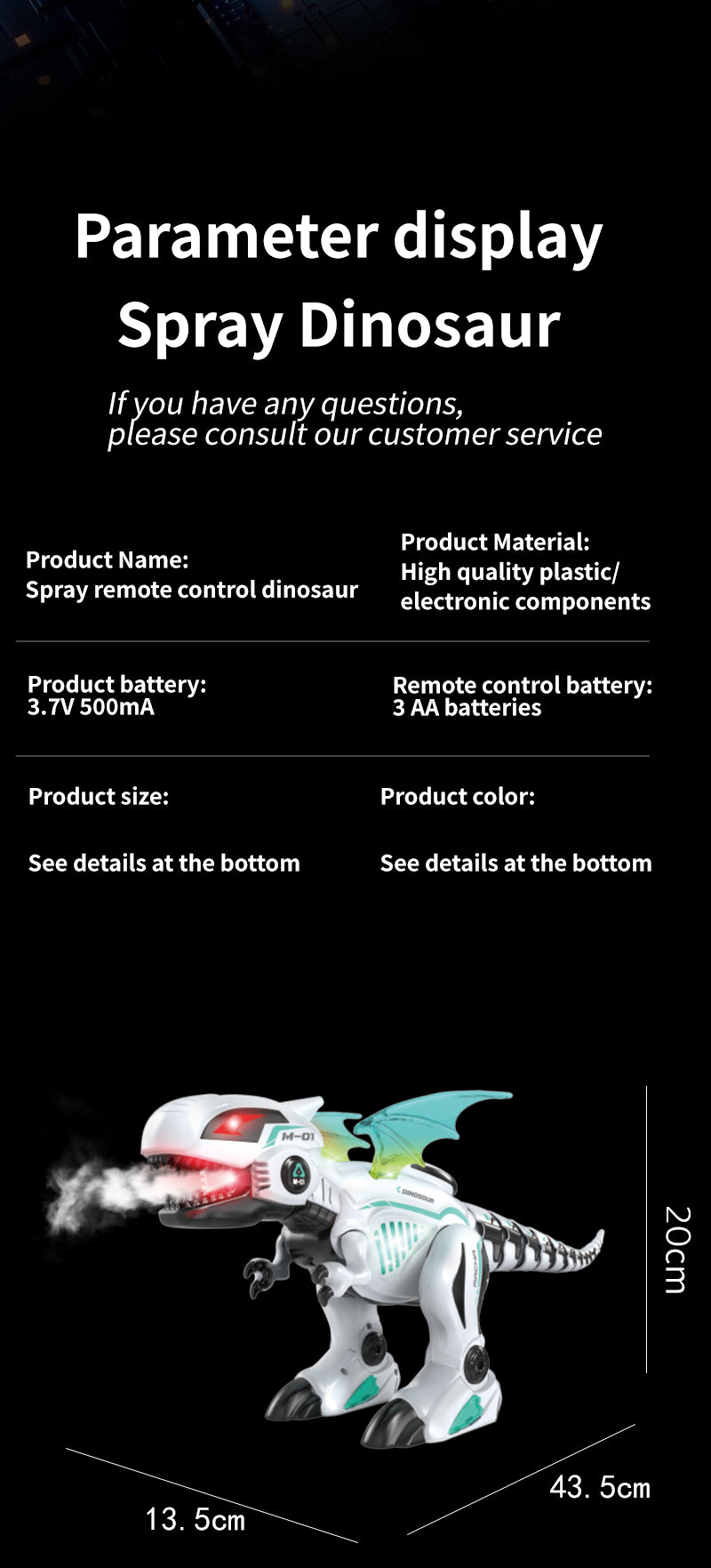 Dinosaure Télécommandé avec Effet Fumée & Lumières LED